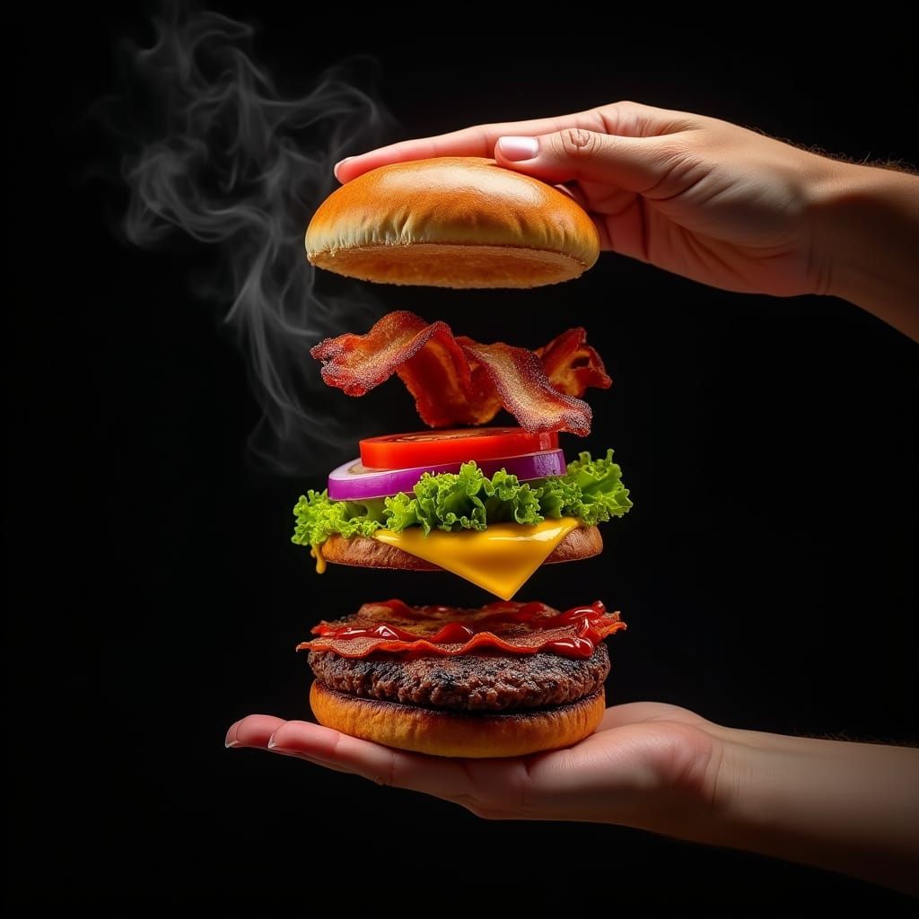 Deconstructed Gourmet Burger in Ultra-detailed Food Photogra...