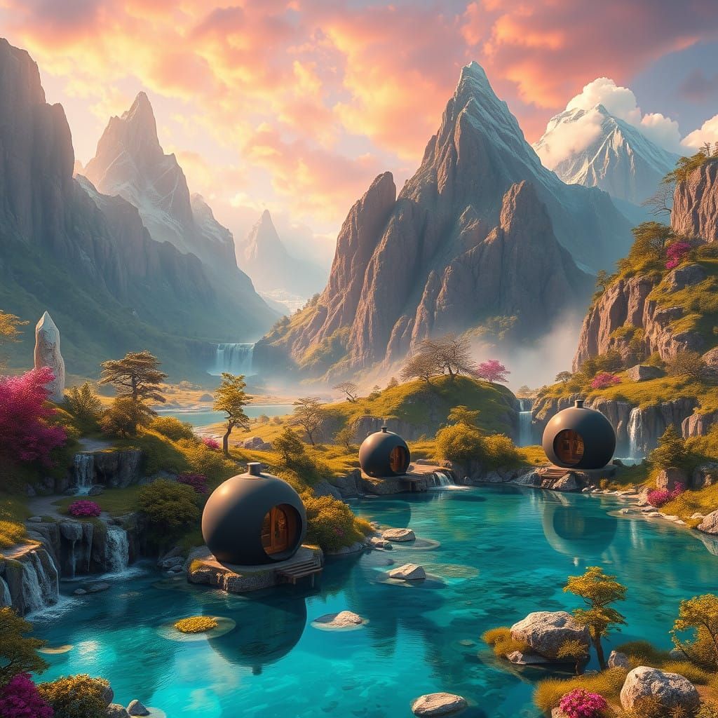 Crystal Mountains and Serene Pools in a Vibrant, Photorealis...