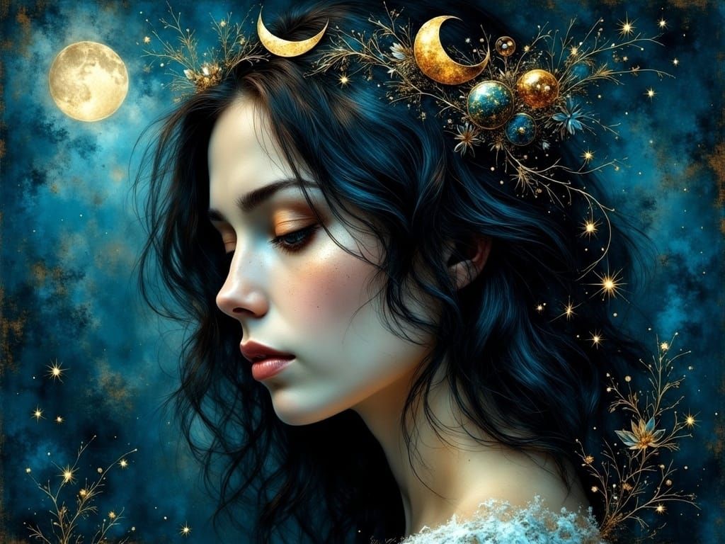 A Serene Woman in Lunar Glow, Her Features Etched with Starl...