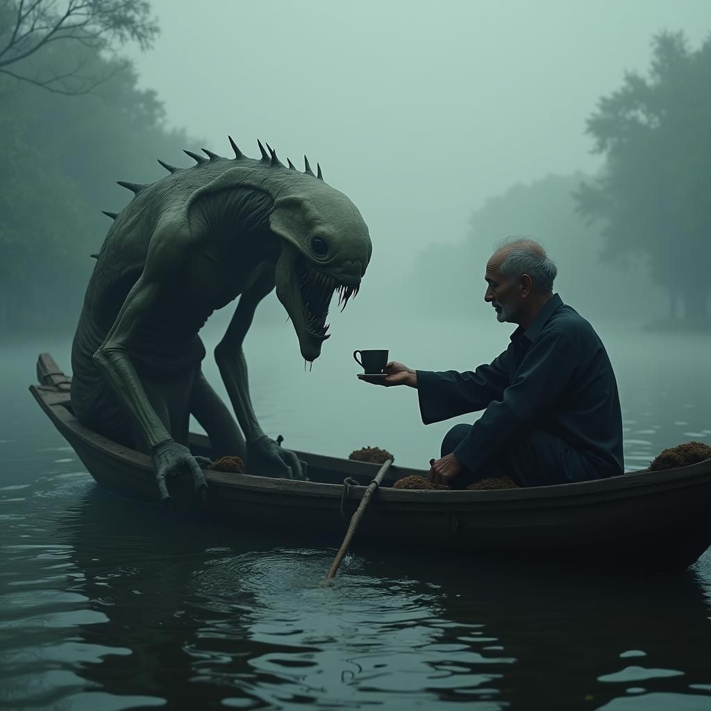 Old Man Offers Coffee to River Creature