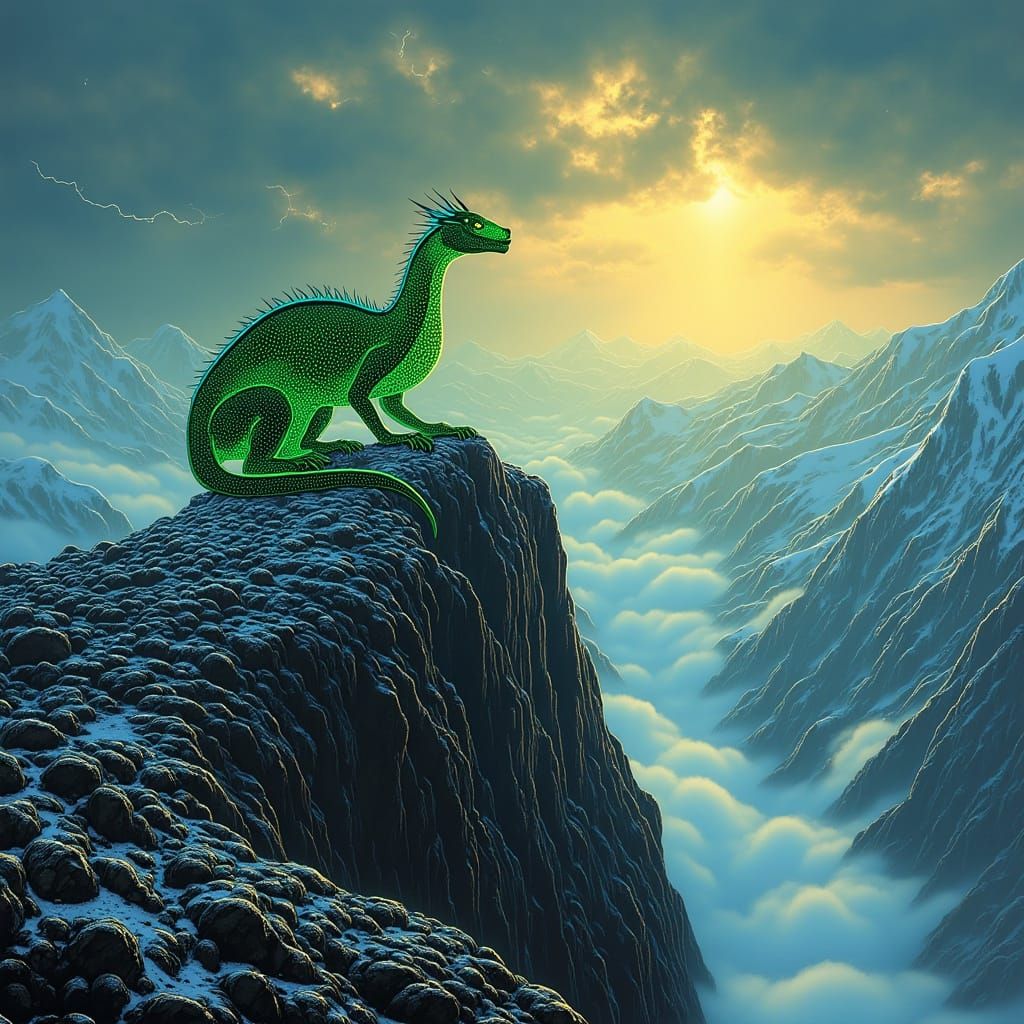 Epic Fantasy Dragon Over Misty Mountains at Golden Hour