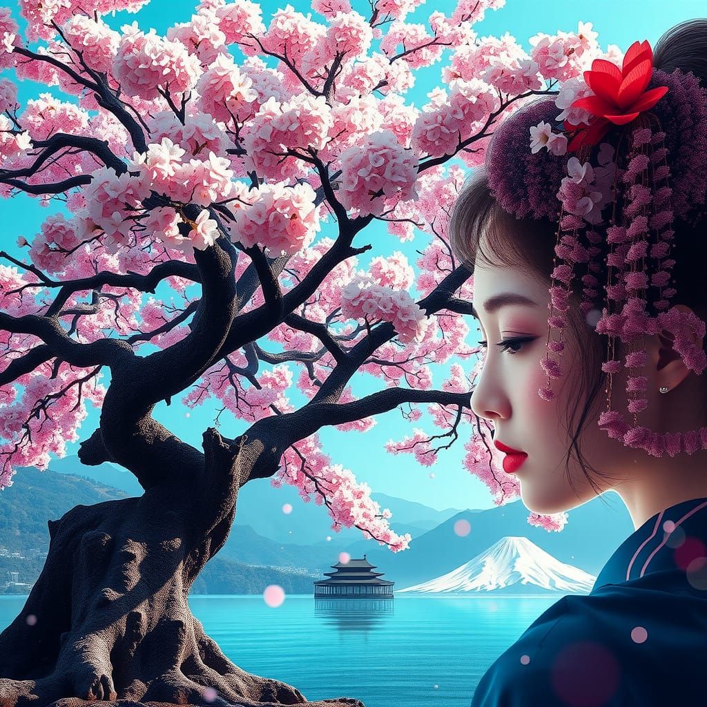 Sakura Tree Double Exposure with Japanese Woman