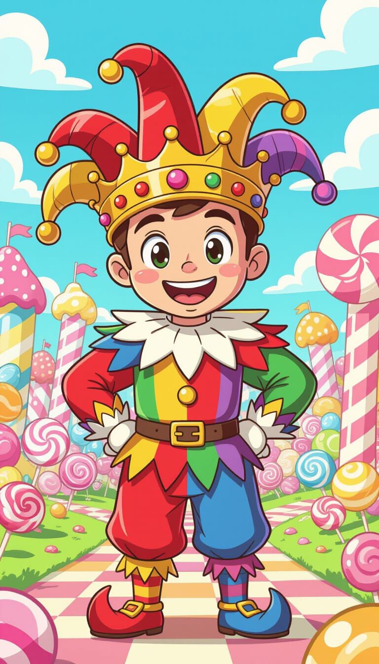 Medieval Jester Wears Candy Crown in Surreal Candy Land