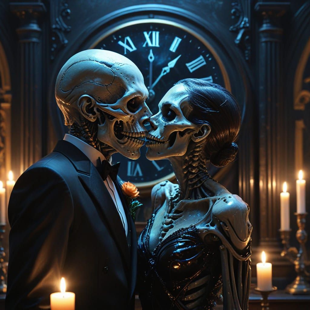 Skeletal Ghouls Kiss at Midnight Ballroom Oil Painting