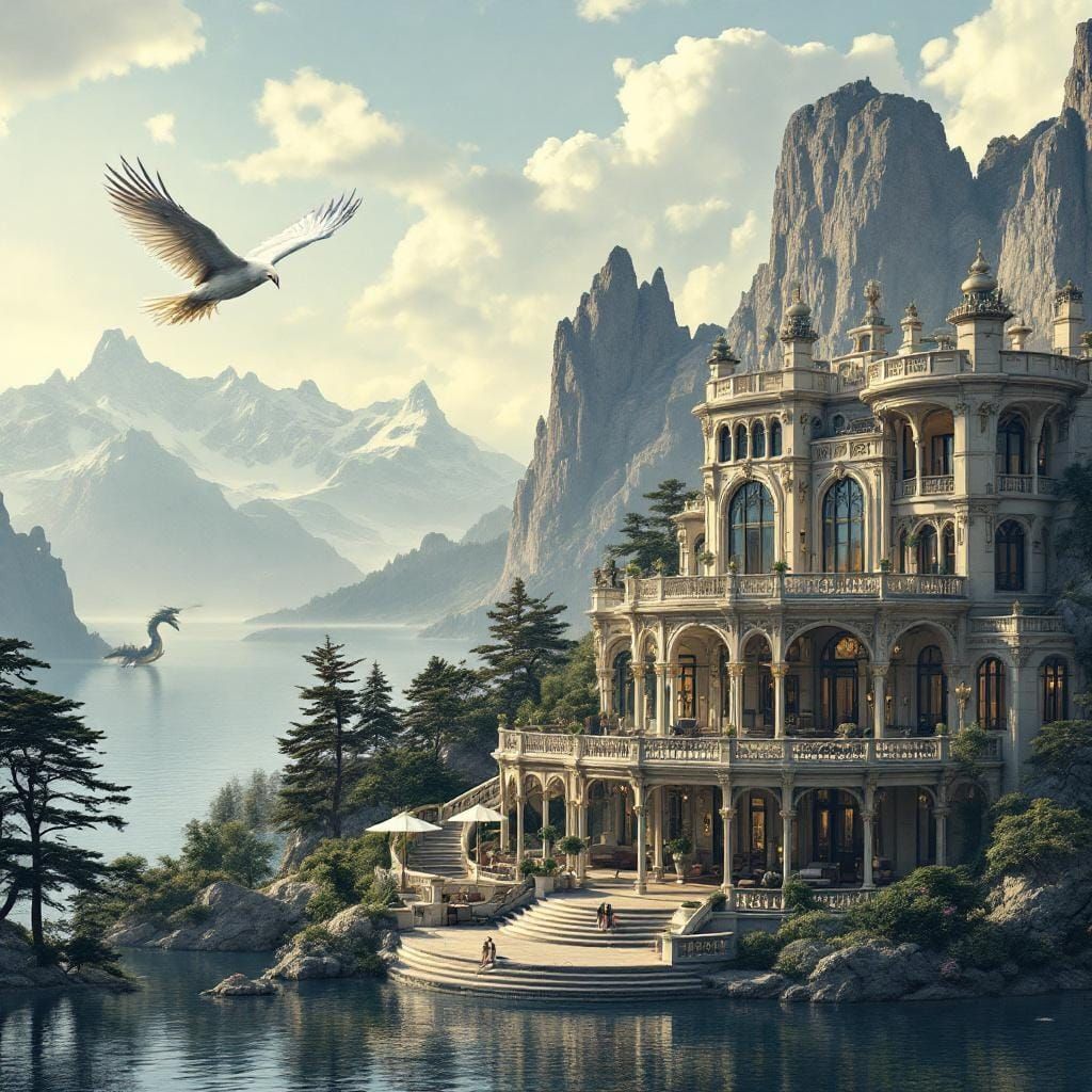 Majestic Mansion with Dragon, Realistic Cinematic Style