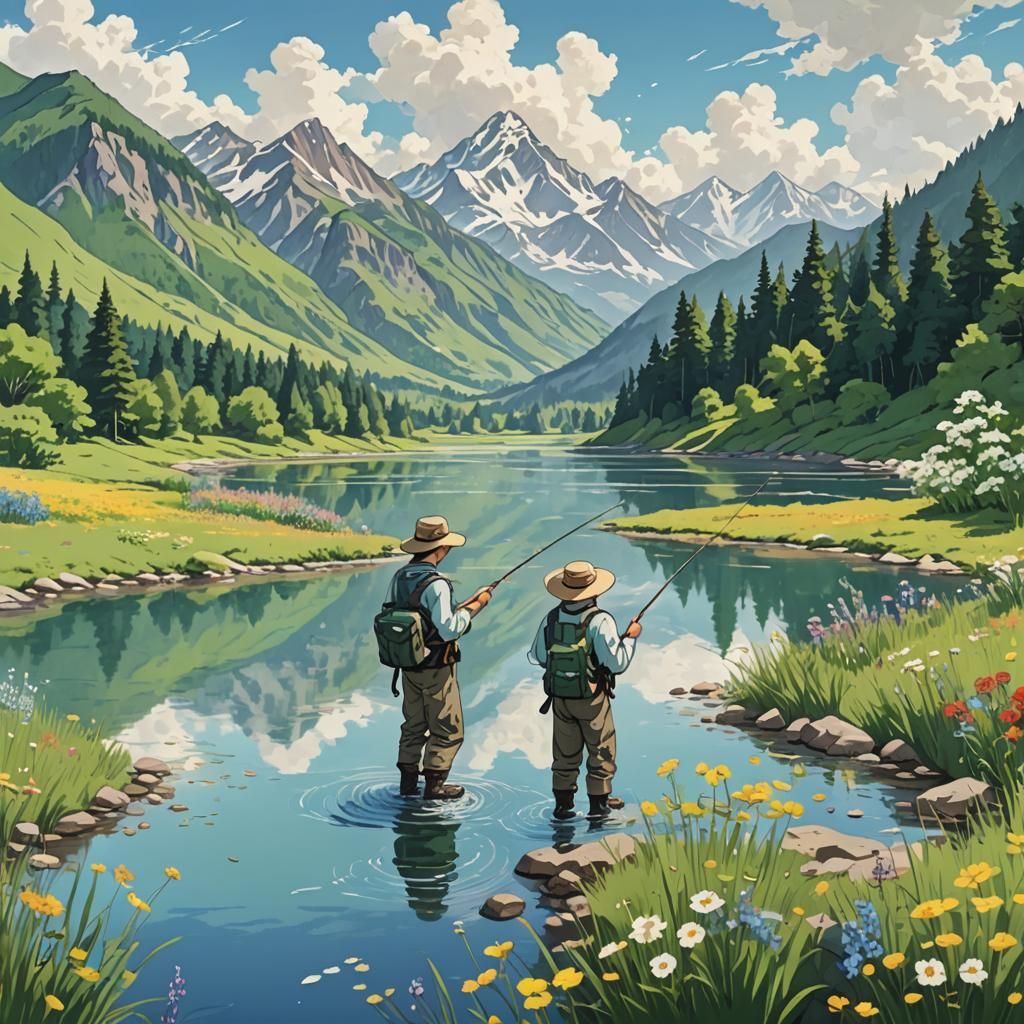 Fisherman in Anime Style Landscape