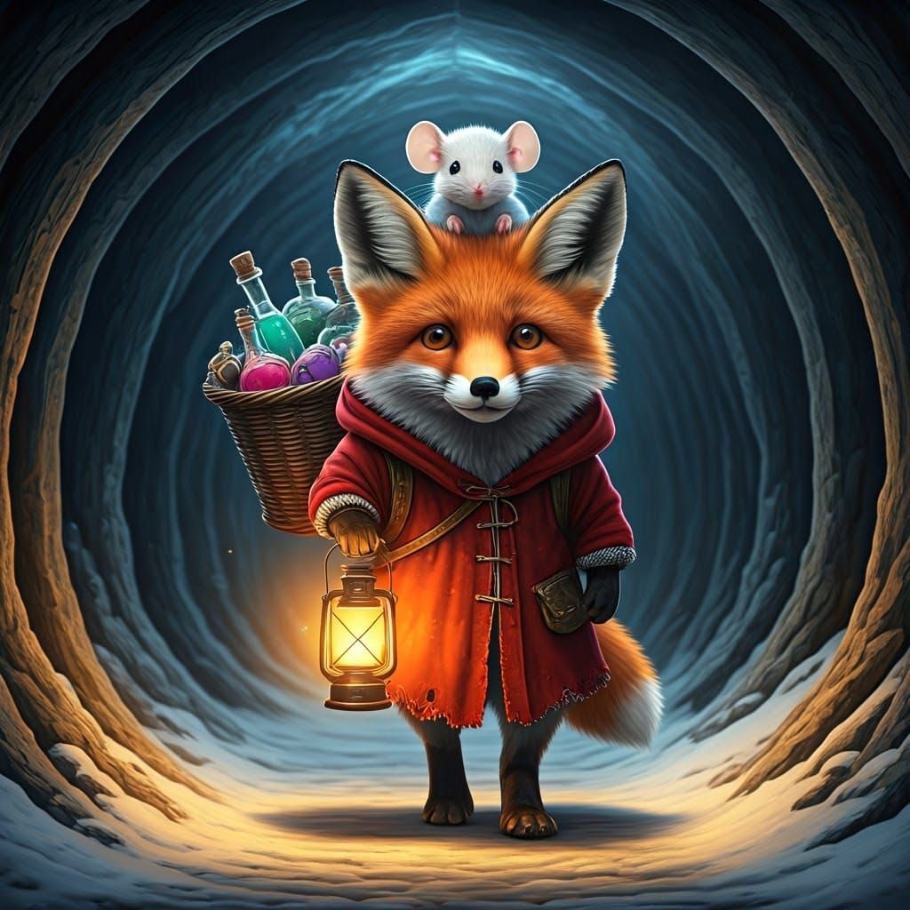 A fox with his rat friend entering a cave.