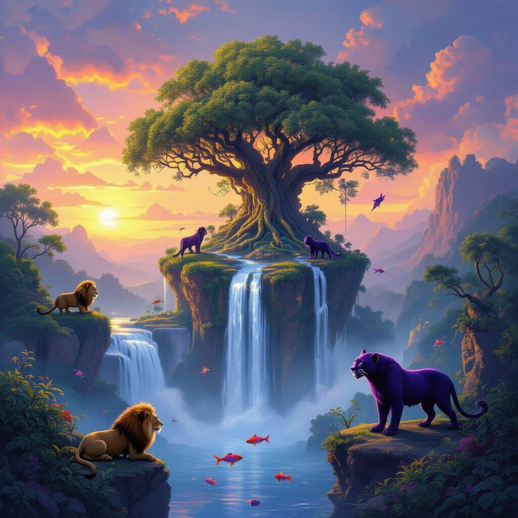 Mystical Floating Forest at Sunset with Purple Panthers