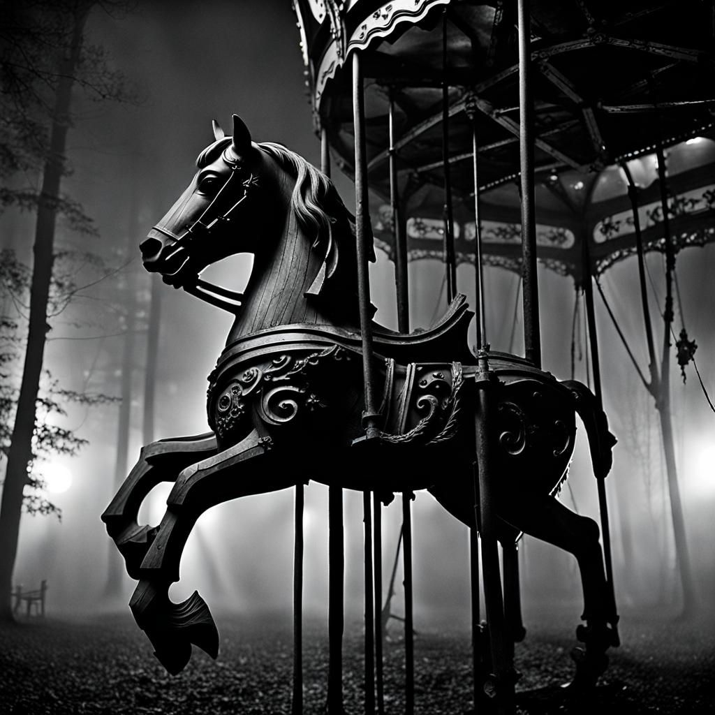 Eerie Carousel Horse in Ghostly Moonlight