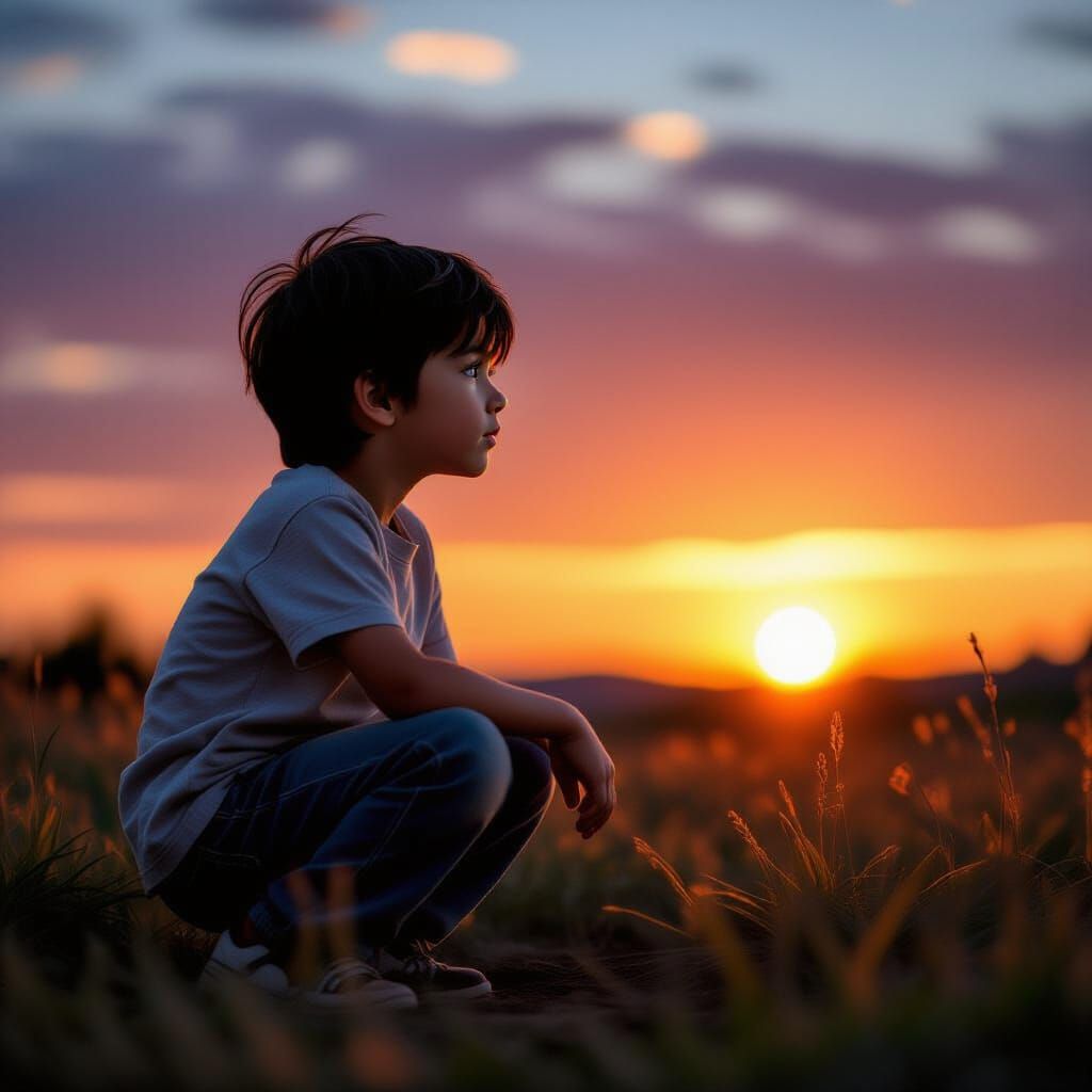Sunset Gaze: Boy with White Highlights