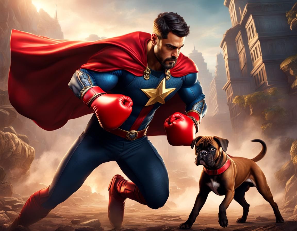 Boxer Dog Superhero Saves Puppy, Matte Painting