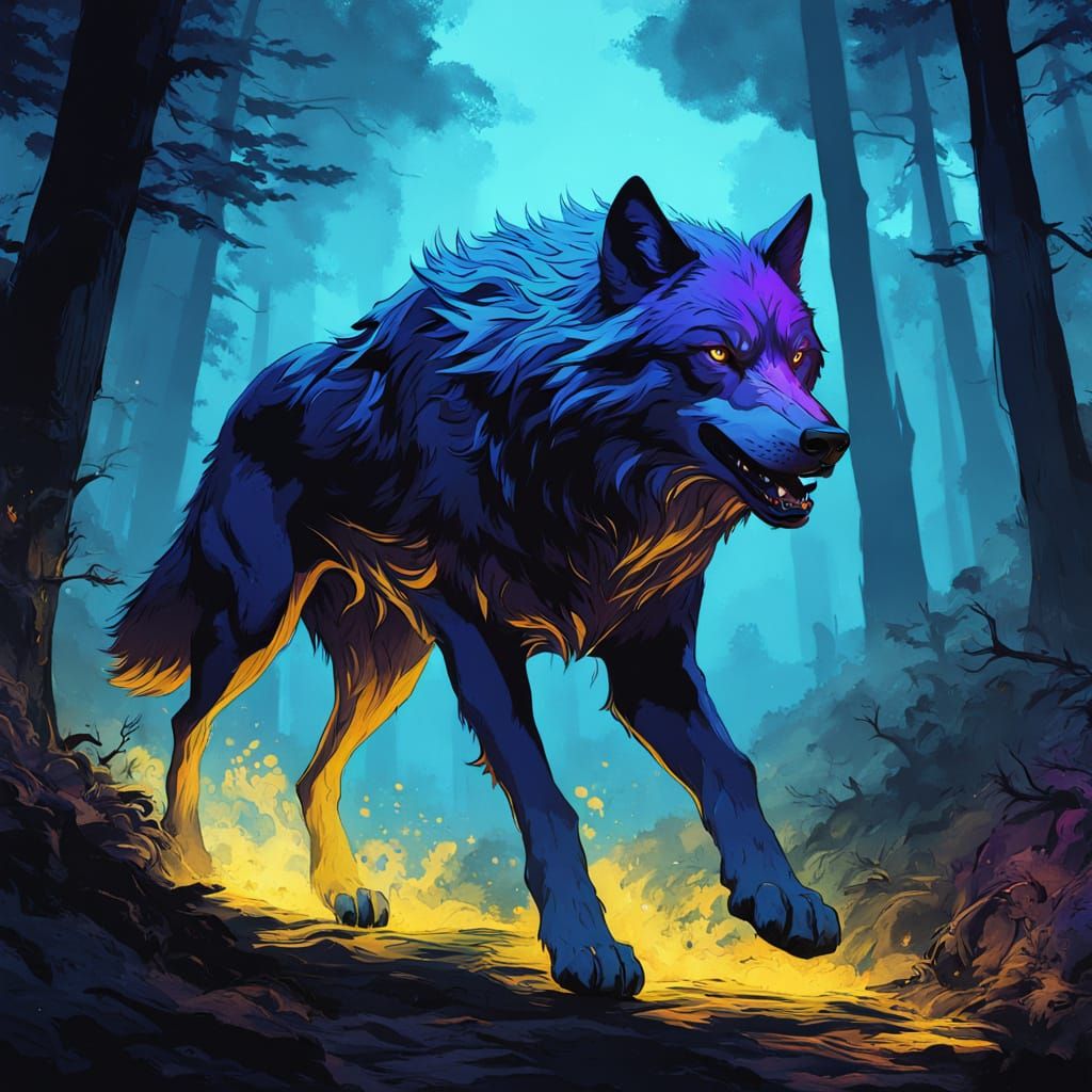 Bioluminescent Wolf in Dark Fantasy Forest