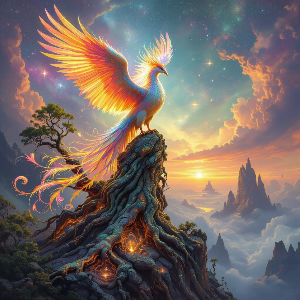 Phoenix Perched on Crystalline Tree, Fantasy Concept Art