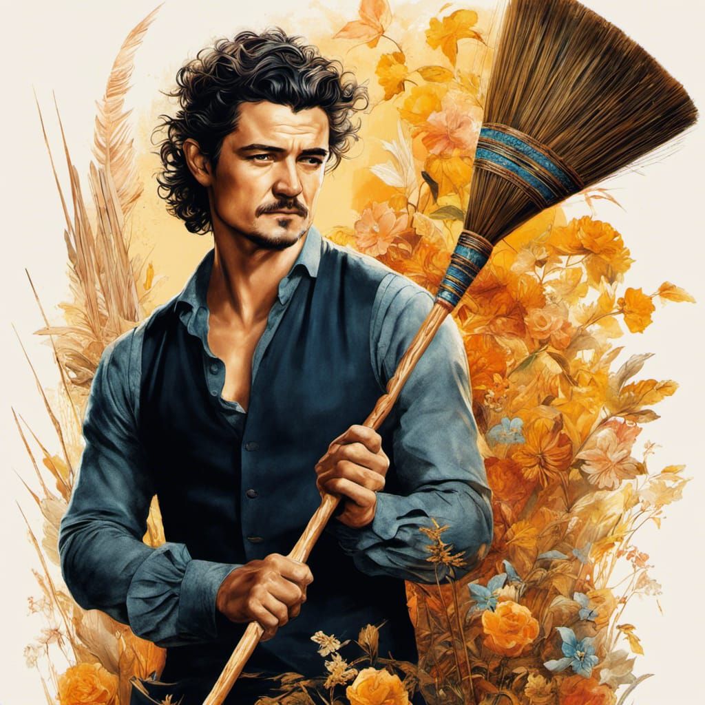 Man Holding Broom: Digital Portrait Art