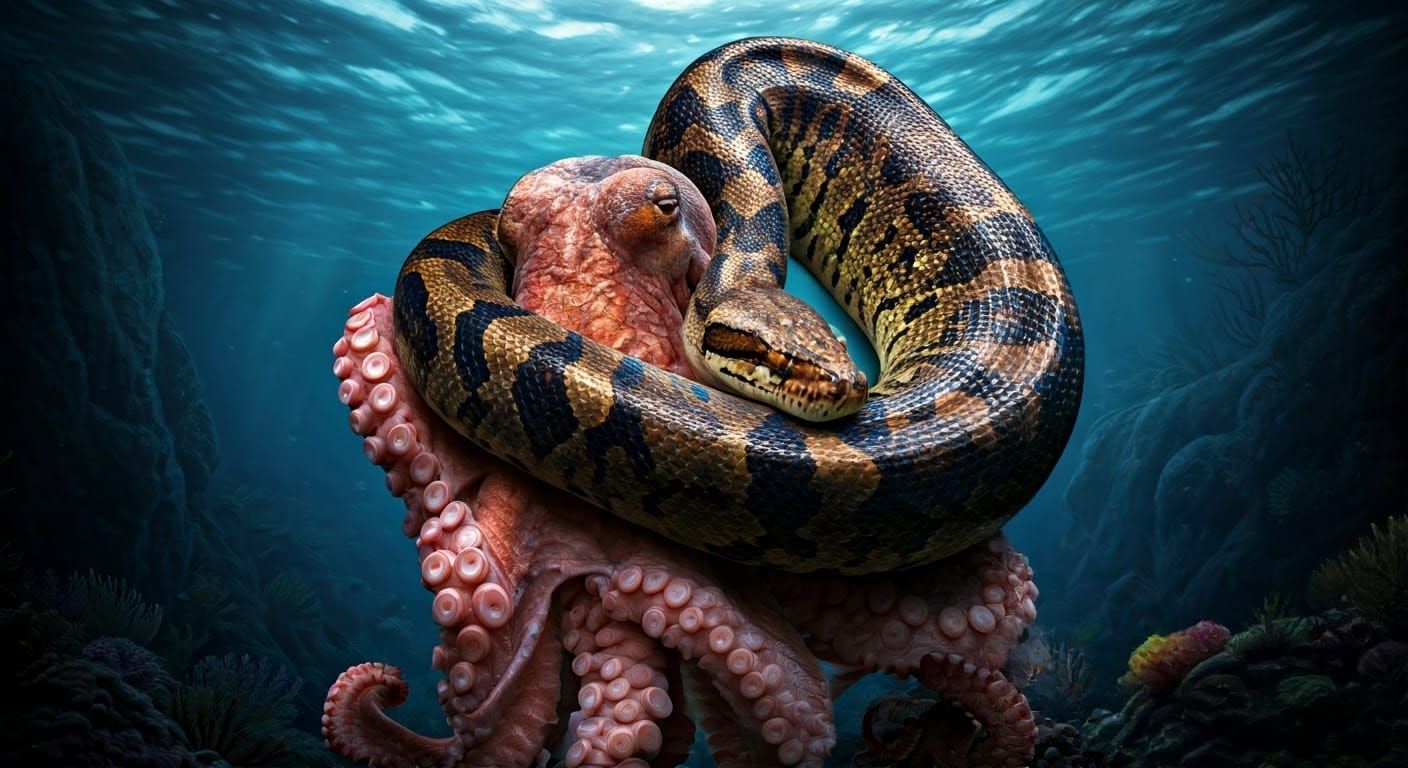 Octopus and Python Embracing in Oceanic Harmony