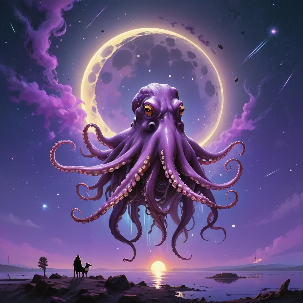 Octopus Rides Cow in Space: Ethereal Sci-Fi Art