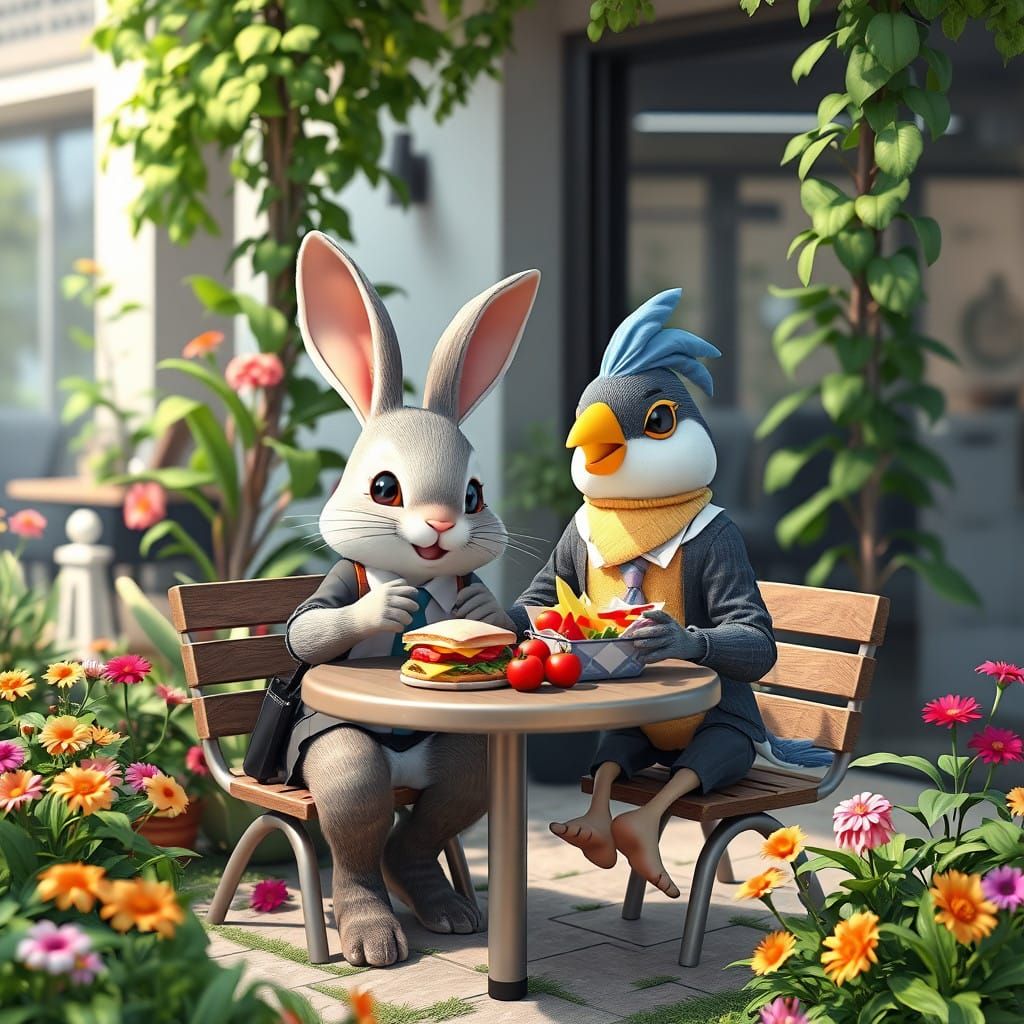Office Break: Bunny and Bird in Anime Art Style