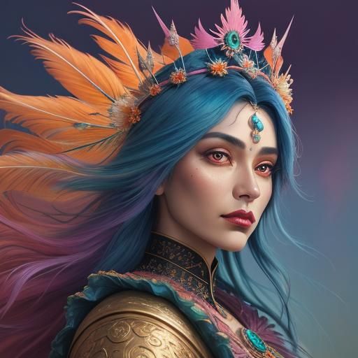 Peacock Woman Portrait in Vibrant Oil Painting Style