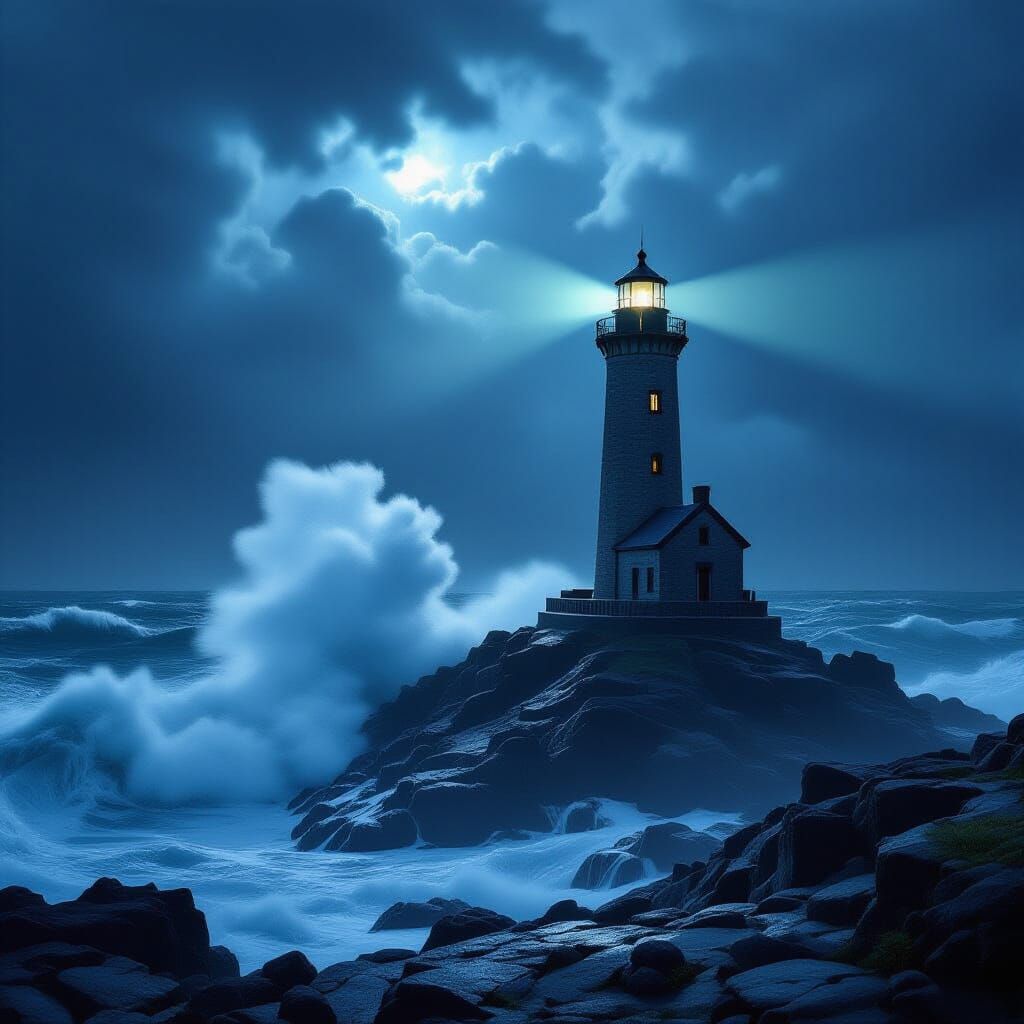 Dramatic Lighthouse in Stormy Seas - Cinematic Digital Art
