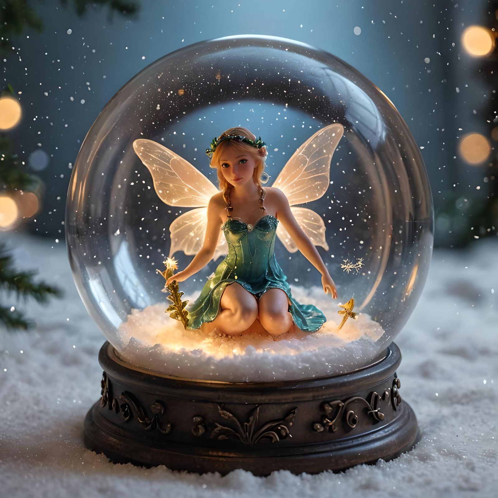 Glowing Fairy in Snow Globe: Hyperrealistic Art