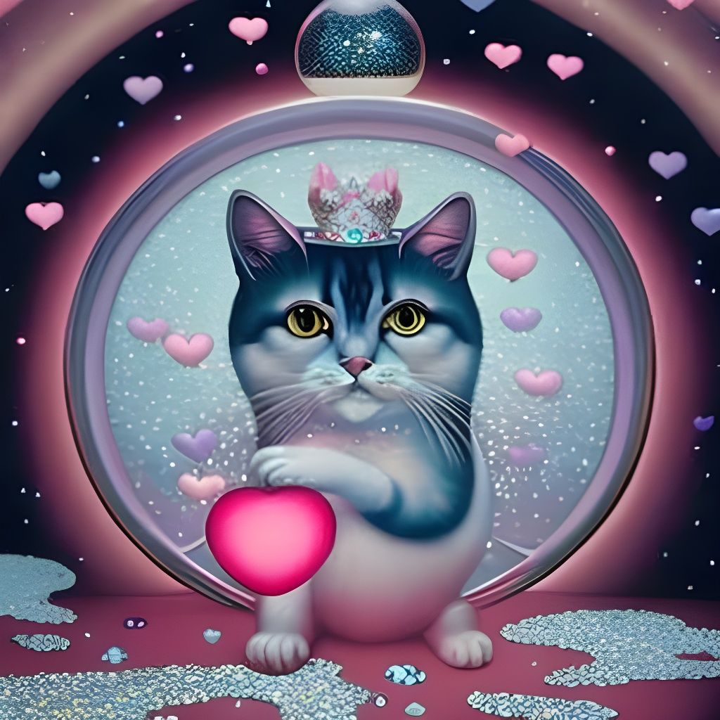 Psychic Cat at Valentine's Party, Detailed Digital Art