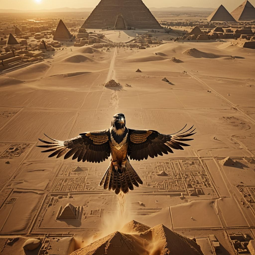 Horus the Falcon God Soaring Over Pyramids