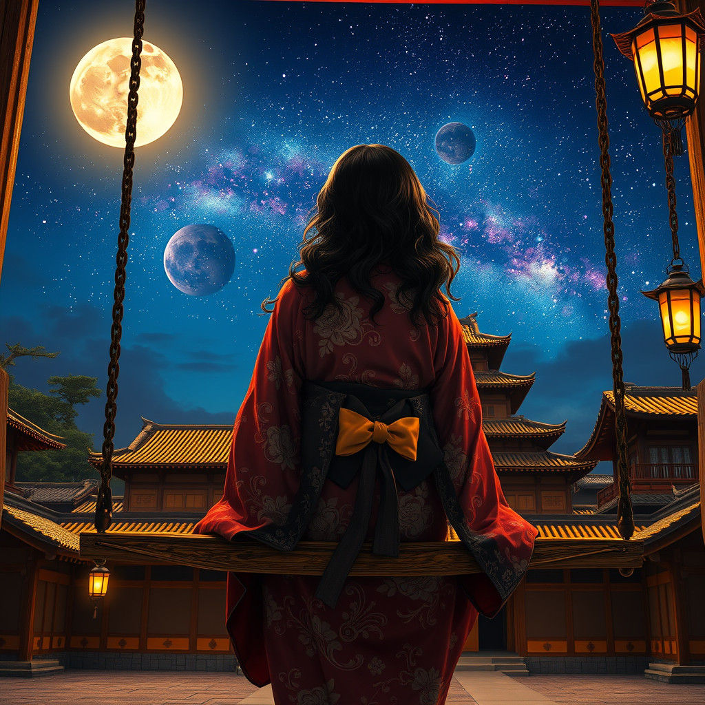 Japanese Maiden Under Moonlight, Hyperrealistic Splash Art