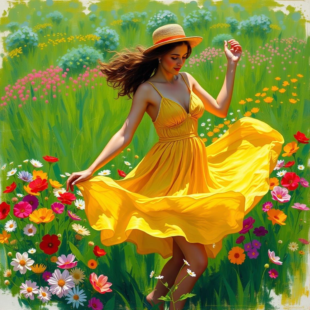 Woman Dancing in Meadow, Impressionist Oil Painting