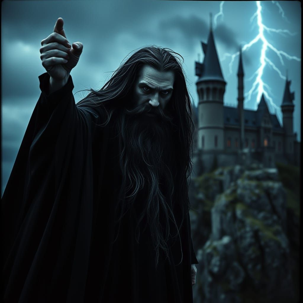 Dramatic Dark Wizard on Cliff During Thunderstorm