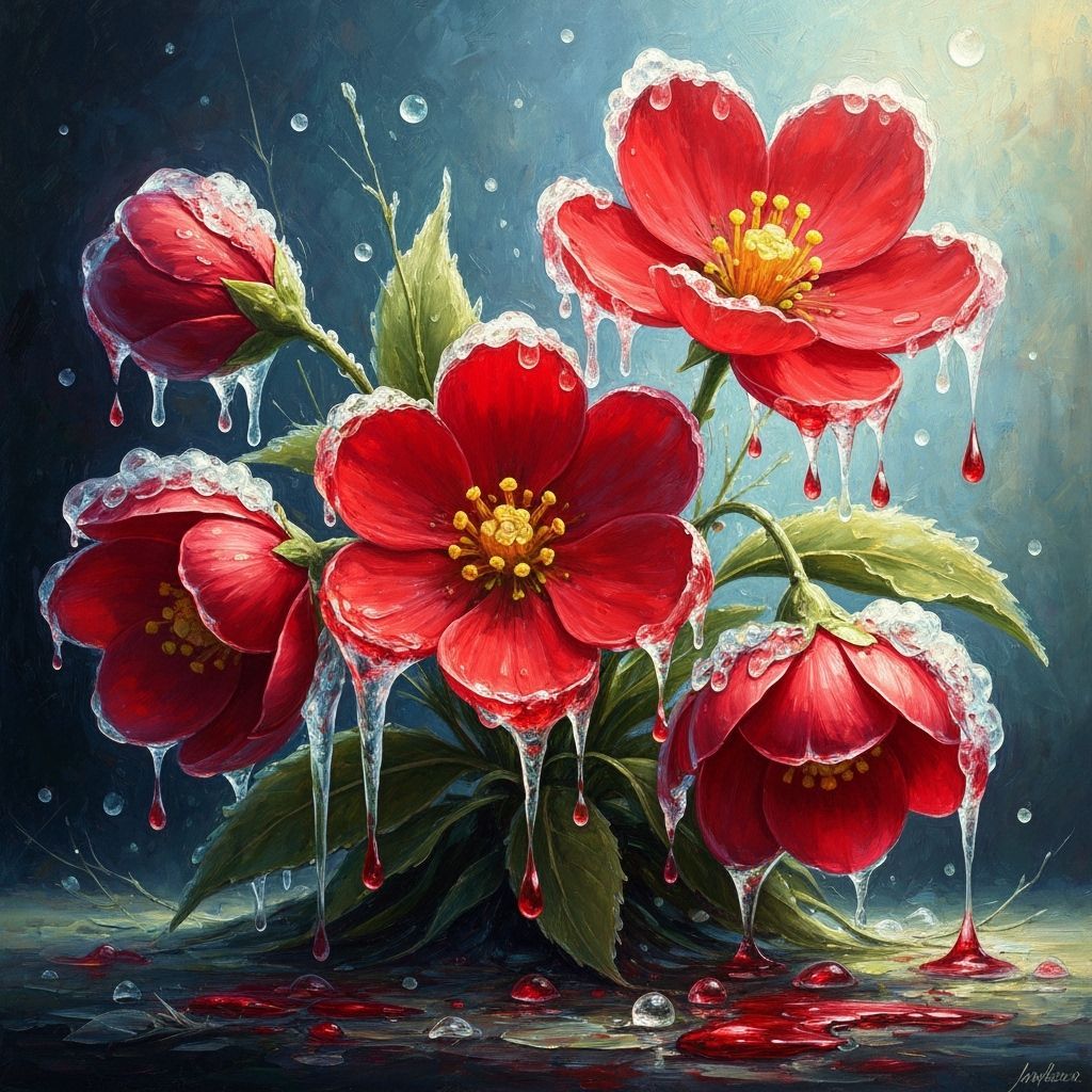 Surreal Winter Flowers with Ice and Blood in Lyrical Light