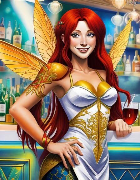 Smiling Red-Haired Fairy in a Bar, Line Art