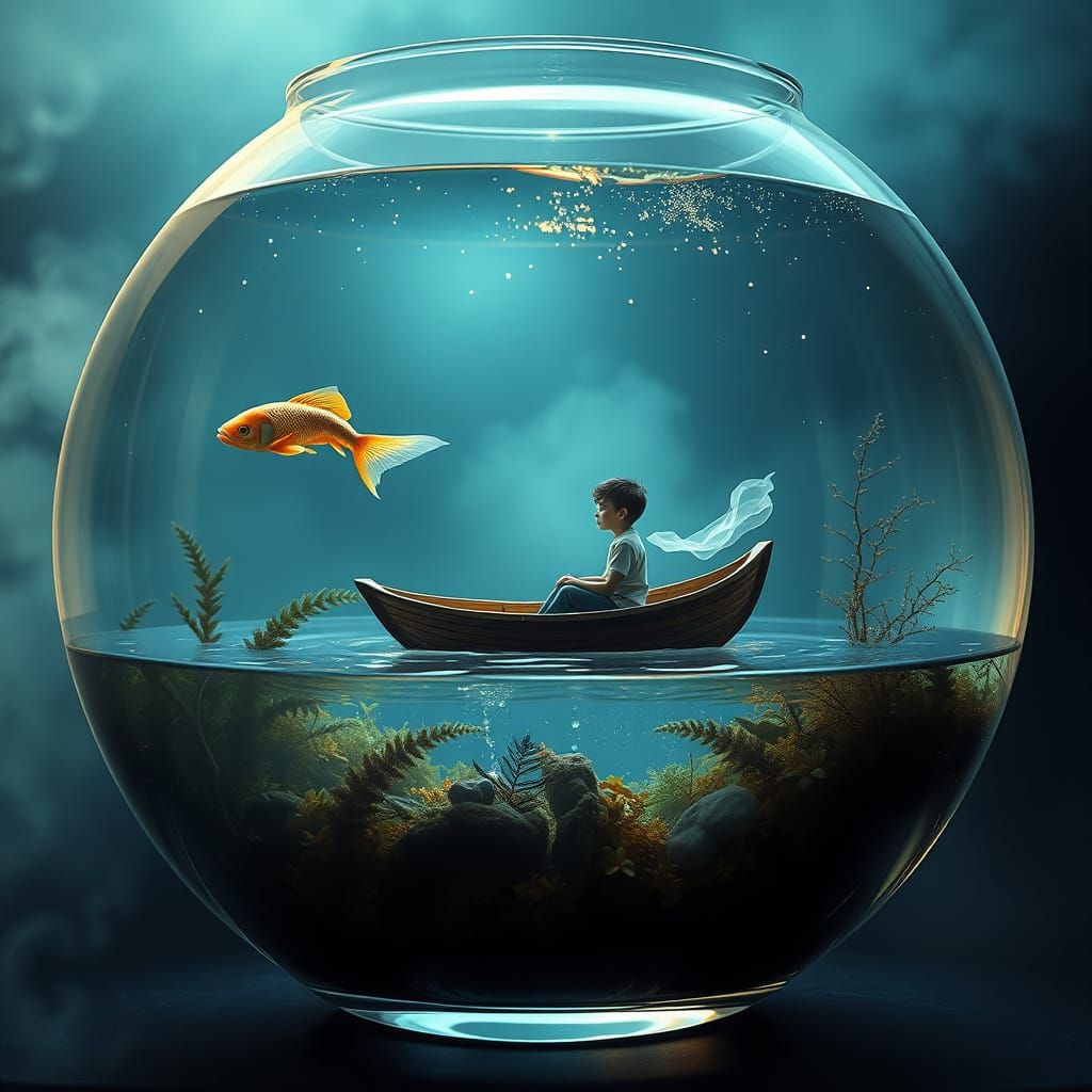 Dreamlike Fishbowl Scene with Golden Fish and Wooden Boat