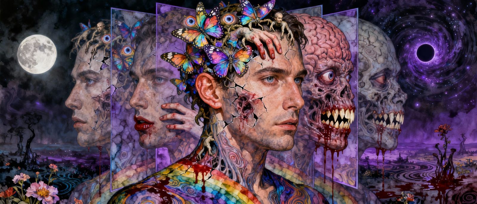 Fractured Face of Man with Butterfly Wings and Eyes