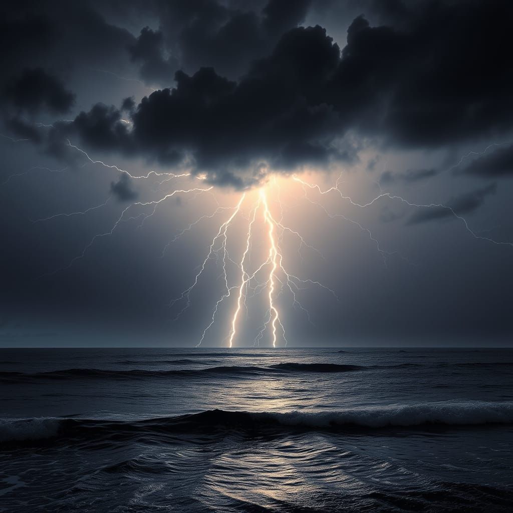 Epic Nighttime Lightning Bolts Over the Sea in Photorealisti...