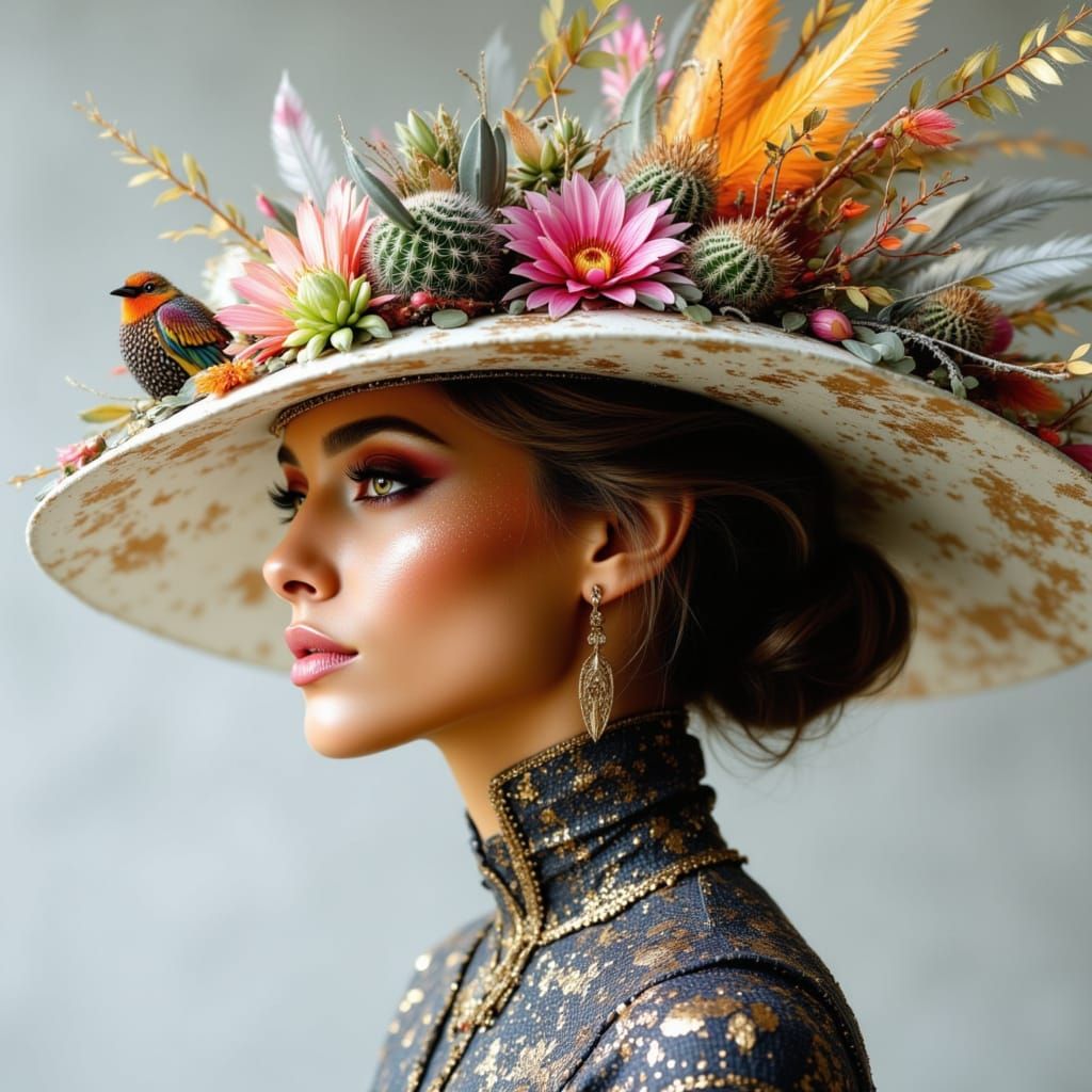 Woman Wears Porcelain Bowl Hat Decorated with Cacti and Flow...