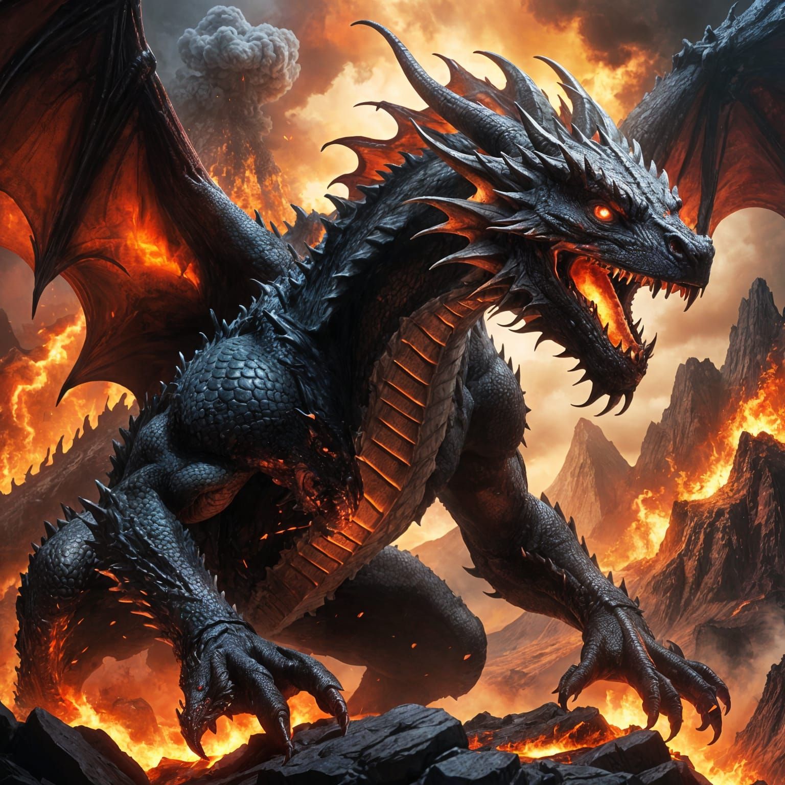 Dramatic Red Dragon Erupts from Volcano in Cinematic Oil Pai...