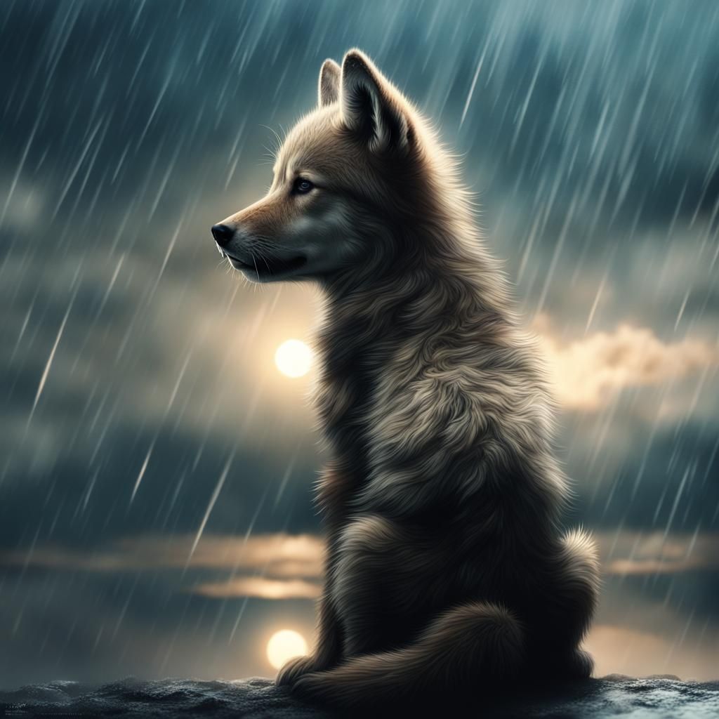 Wolf Cub Observes Rainy Space: Digital Matte Painting