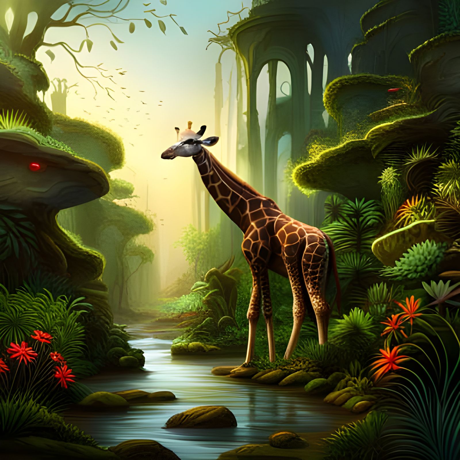 Camouflage Giraffe in Jungle: Digital Matte Painting