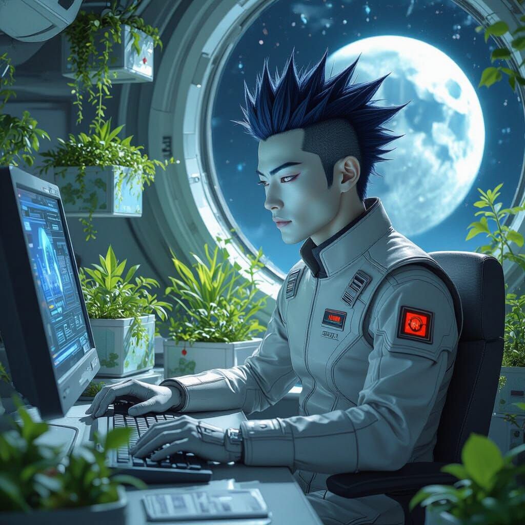 Futuristic Japanese Man in Spaceship Hydroponic Garden