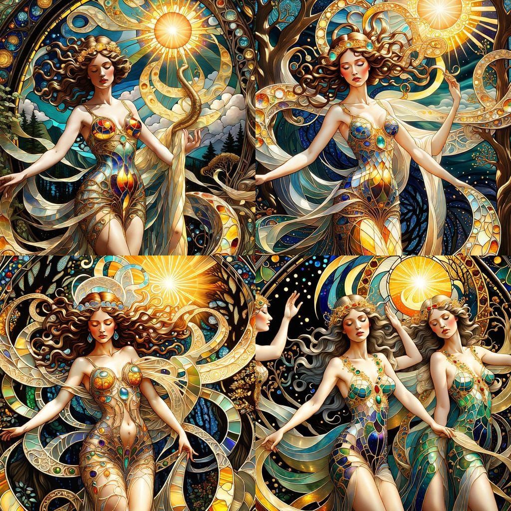 Tiffany Style Stained Glass Maidens in Astral Cosmic Wonder