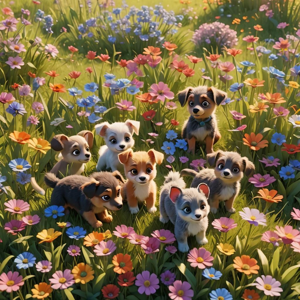 Puppy and Animal Friends Play in Sunny Meadow