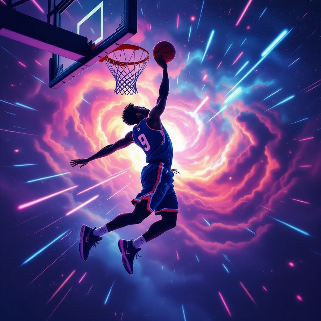 Futuristic Basketball Player Dunking in Cosmic Nebula
