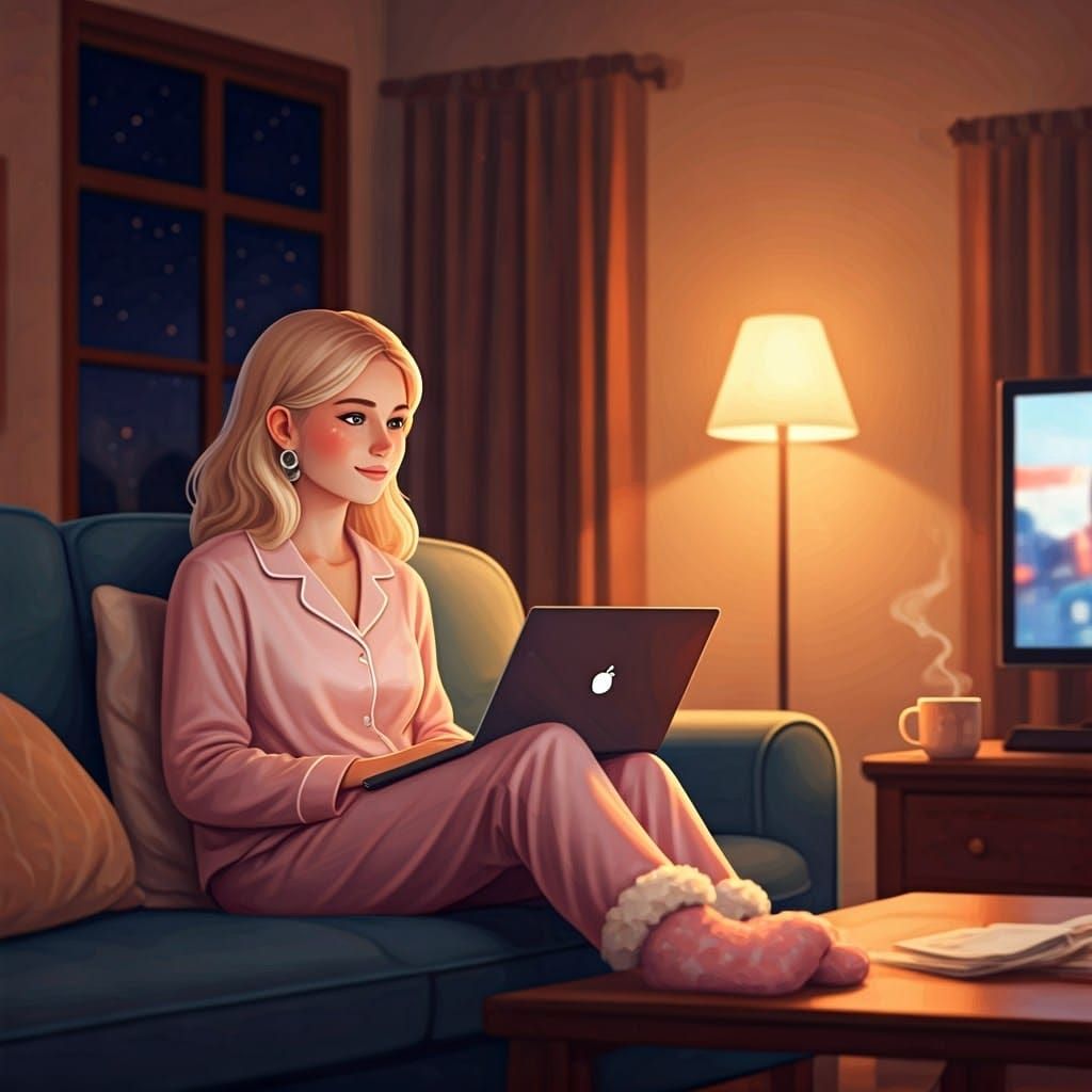 Cozy Home: Woman Relaxing with Laptop and Movie