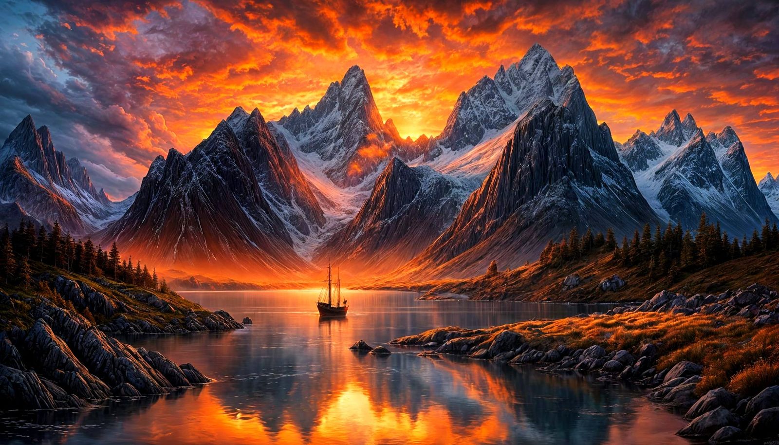 Colorful Sunset Over Lofoten Mountain Peaks