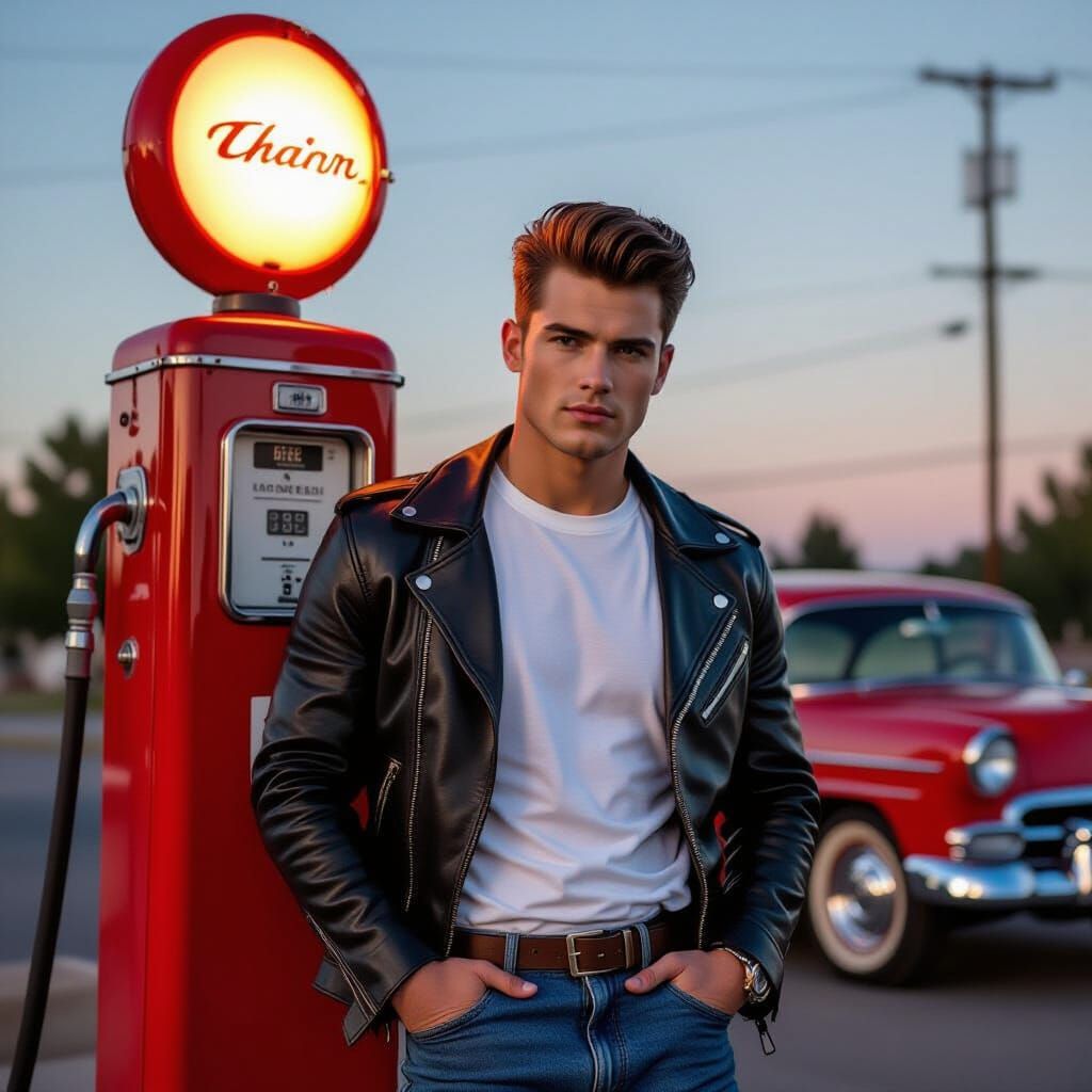 Rockabilly Man at Gas Pump in 1950s Style