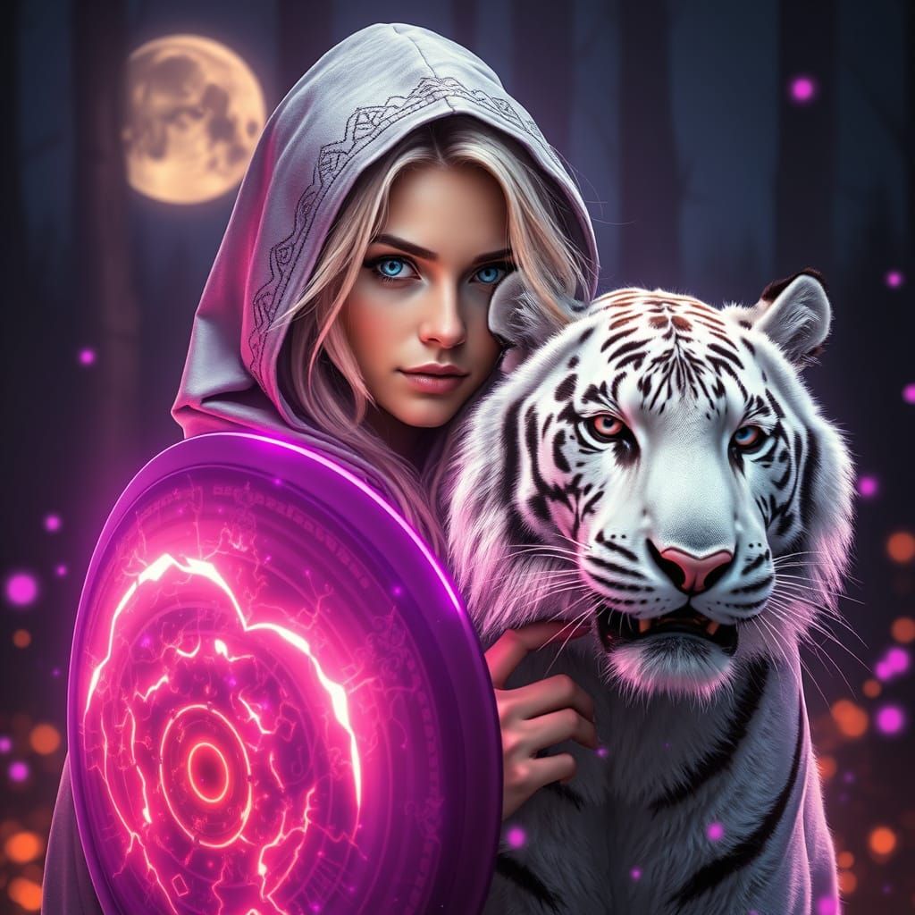 Realistic Digital Artwork of Blonde Woman and White Tiger in...