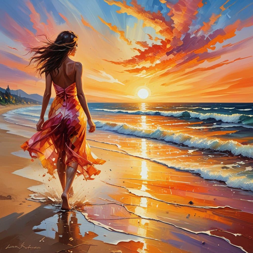 Impressionist Masterpiece of a Sunset Beach Scene