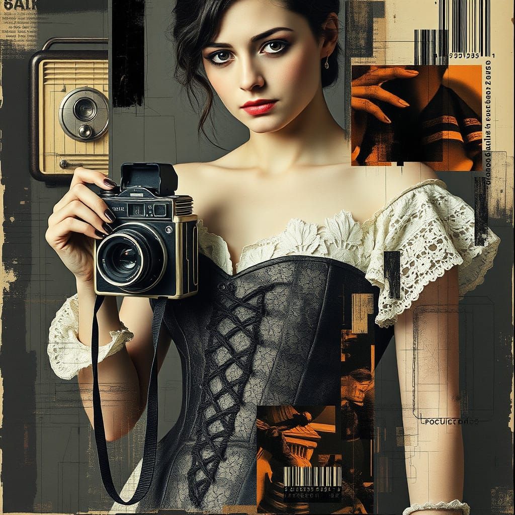 Woman in Corset Holding Vintage Camera in Cyberpunk Aestheti...