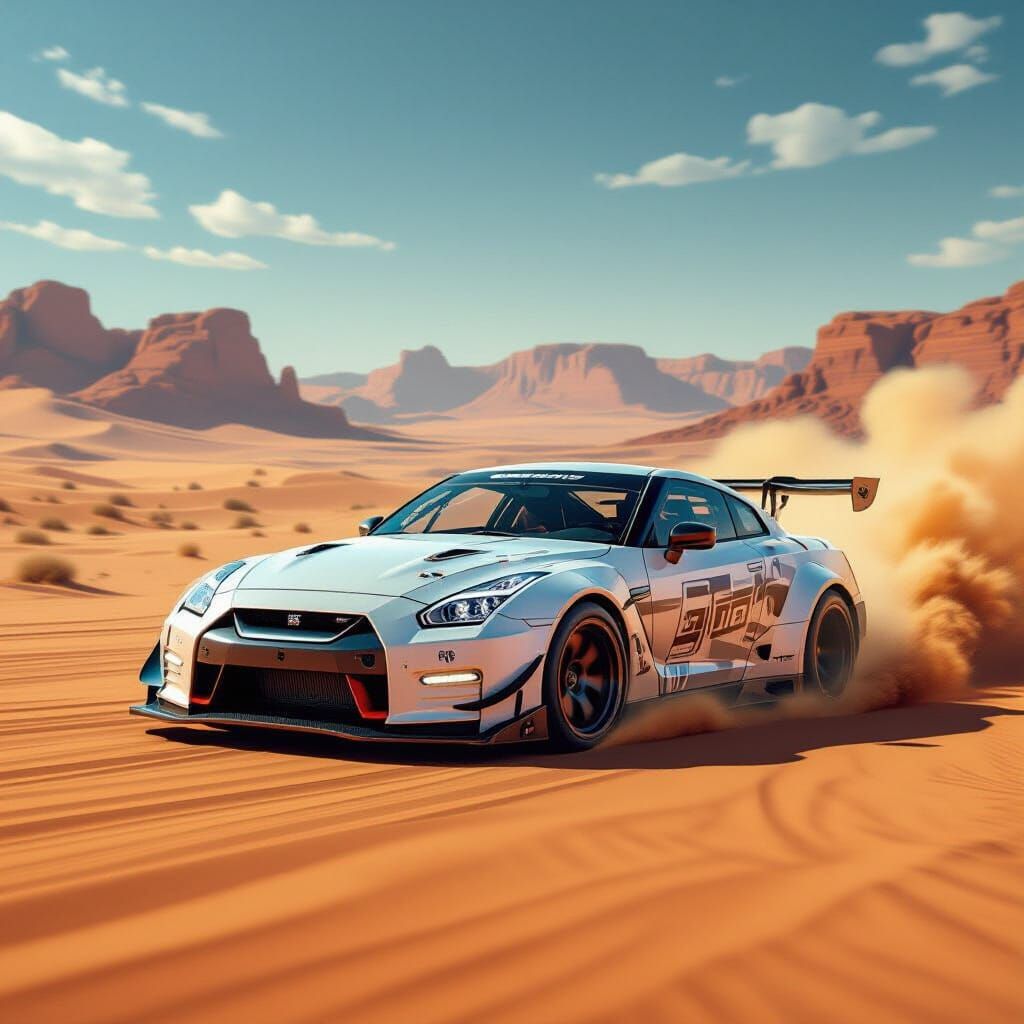 Nissan GTR Drifting Through Desert in Futuristic Style
