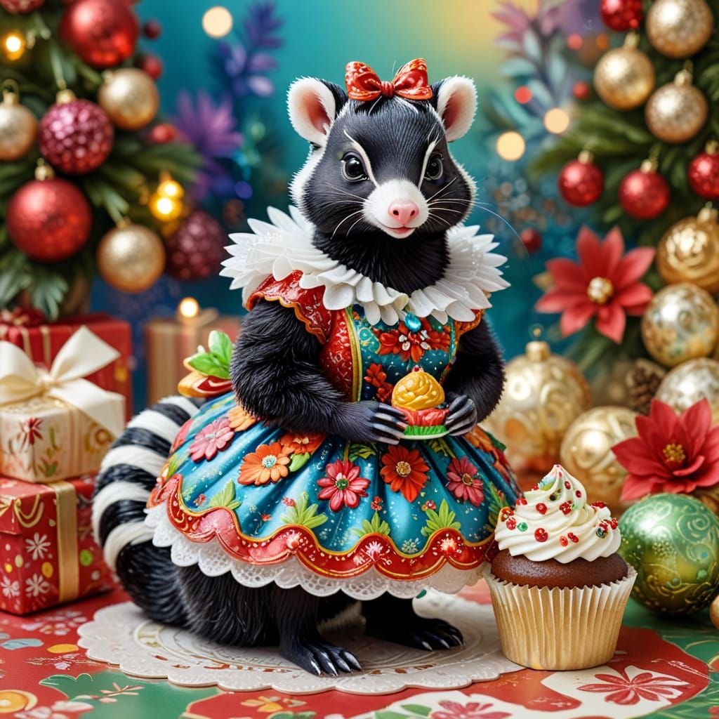 Christmas Skunk in Ornate Dress with Festive Accents
